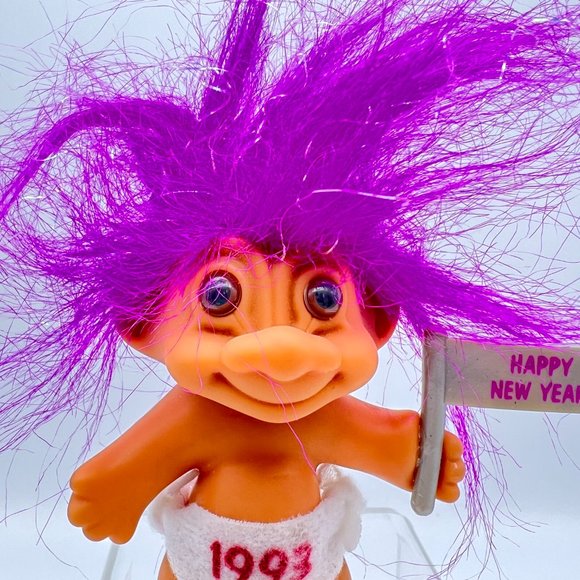 1993 Happy New Year Troll Doll With Purple Hair With Sparkles & Diaper - Picture 2 of 10